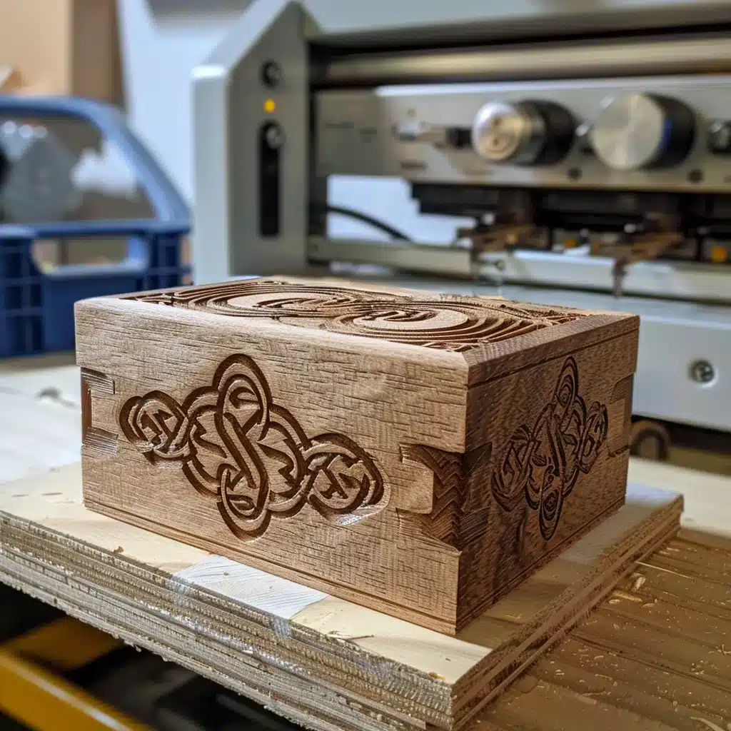 Box with laser engravings of Celtic knots on a workbench in front of laser printer