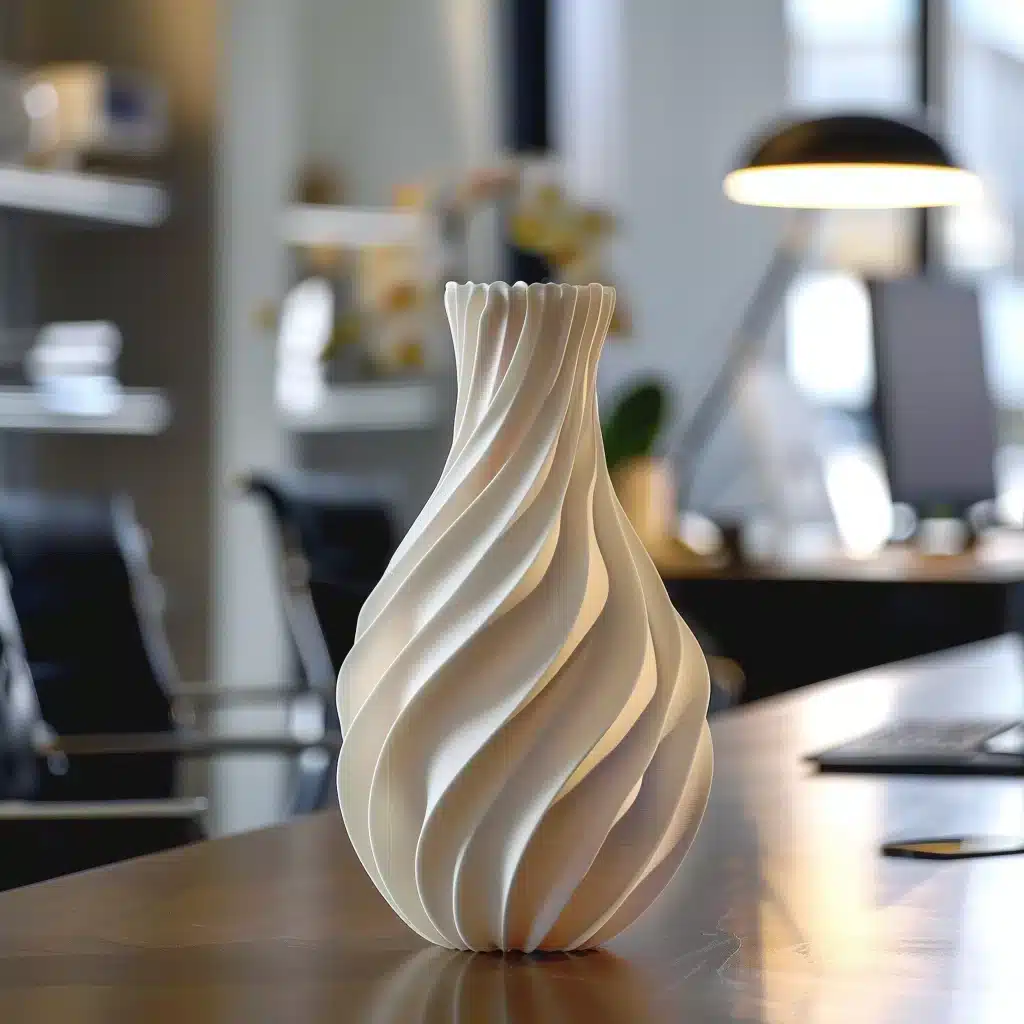 white 3d printed vase with spiral ridges in an office setting