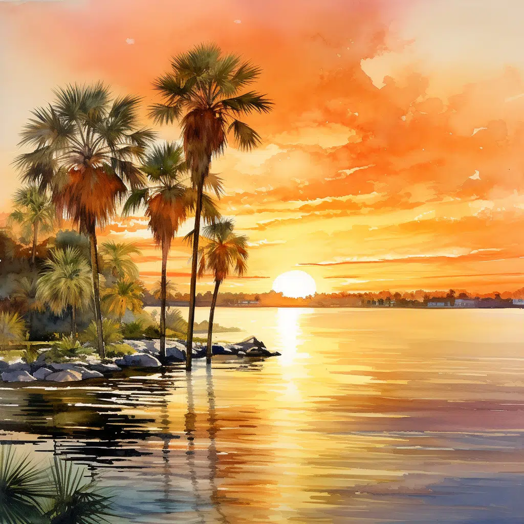 Sunset at Golden Hour over Tampa Bay Florida with sun reflecting on bay and palm trees on the shore