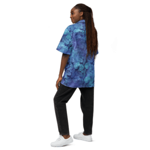 Light Blue Florals on Blue pattern shirt on female model