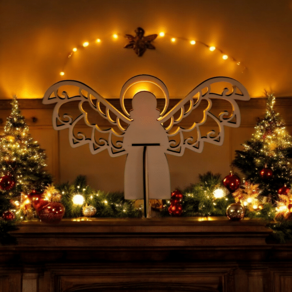 Laser-cut wooden angel tea light holder glowing warmly on a red Christmas mantle with gift boxes and festive decorations in the background.