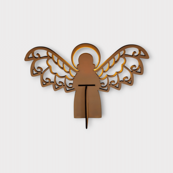 Laser-cut wooden angel tea light holder with intricate wings and a glowing halo, crafted for elegant home décor